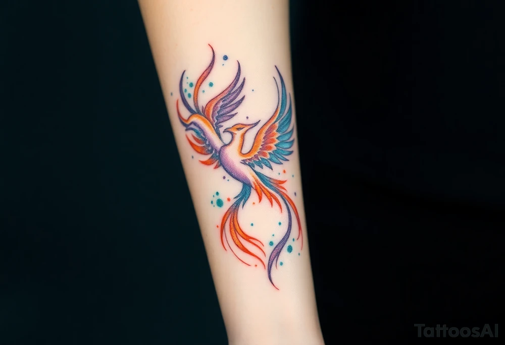 Phoenix with blazing flames with purple, orange, teal and green splashes tattoo idea