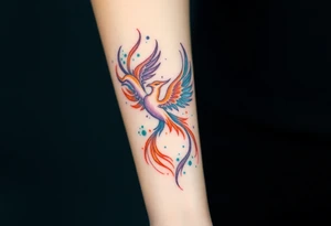 Phoenix with blazing flames with purple, orange, teal and green splashes tattoo idea