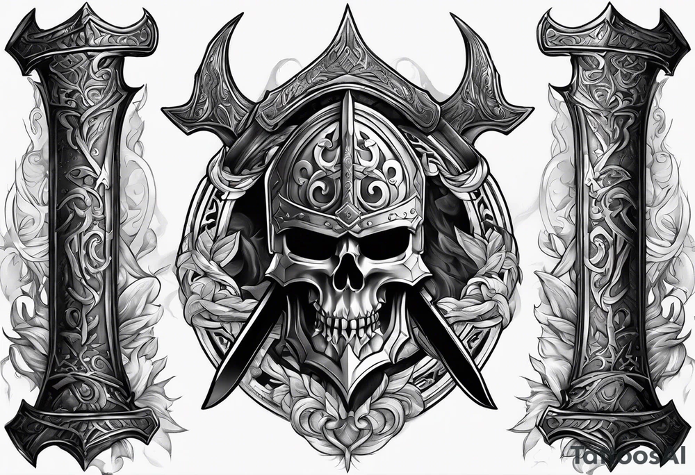 Valhalla sword shield axe mist tattoo idea
