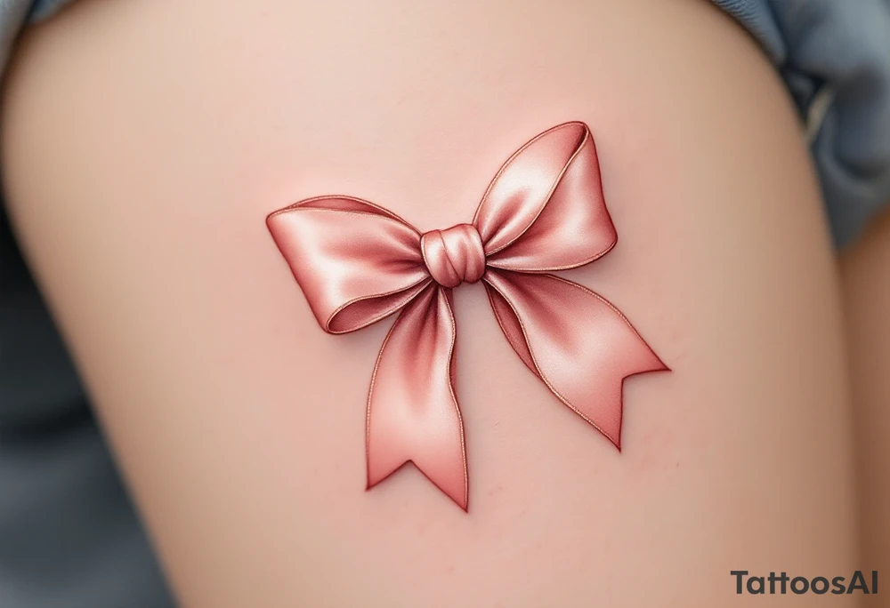 An elegant satin bow tattoo, tied in a perfect knot. The bow is rendered in a soft blush pink with gentle highlights, creating a realistic silk-like sheen. Subtle shadows add depth, making the fabric appear delicately folded. The knot at the center is slightly darker, emphasizing its structure and strength. tattoo idea