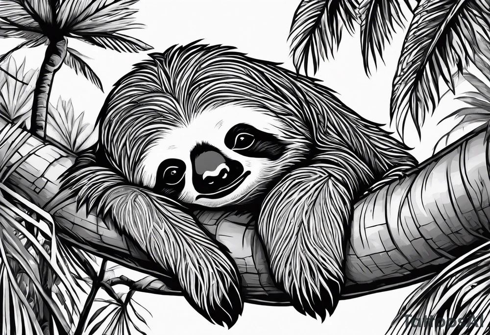 Sloth sleeping under palm tattoo idea