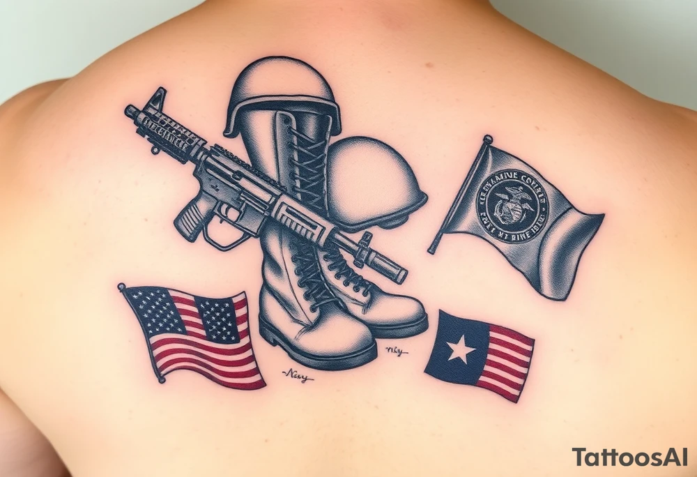 military boots, rifle, helmet memorial tattoo, with Navy and Marine corp flags in color on lower left back tattoo idea