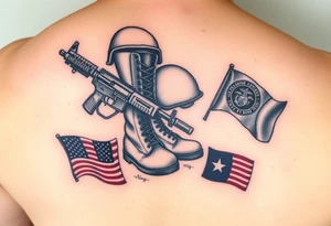 military boots, rifle, helmet memorial tattoo, with Navy and Marine corp flags in color on lower left back tattoo idea