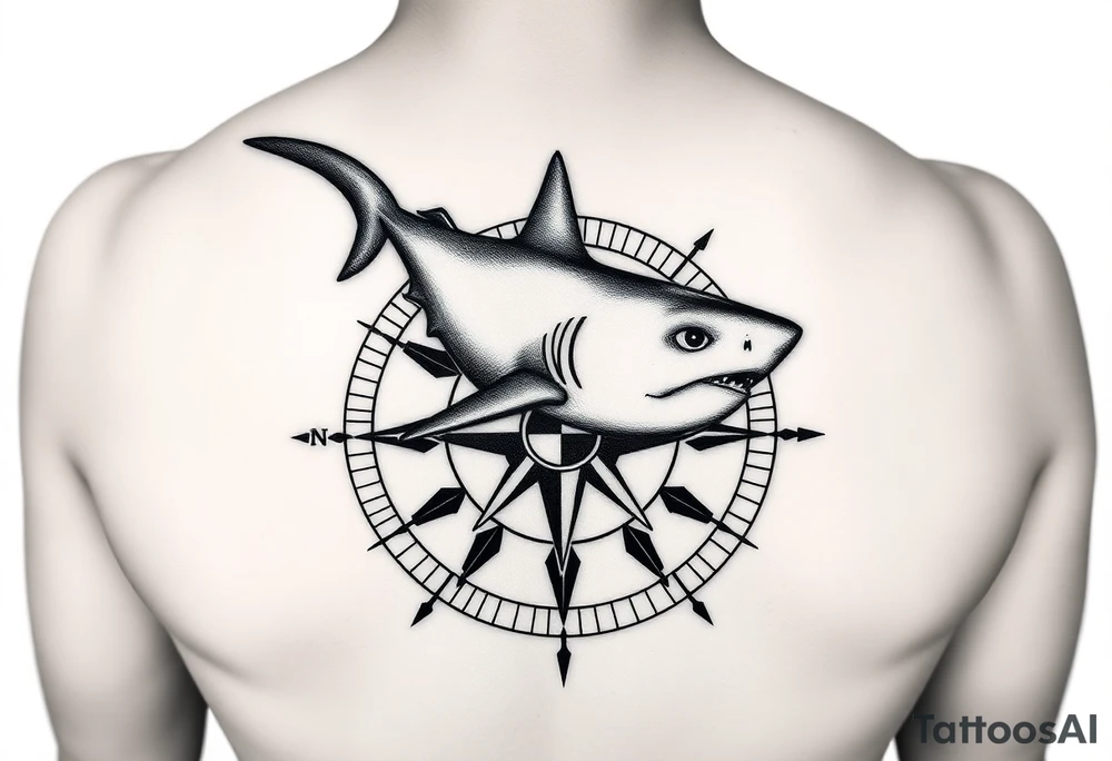 "A detailed black and grey tattoo design combining the top-down view of a shark with a compass. The shark should appear as if swimming across or emerging from the compass. The compass has intricate, sharp-edged needles and classic directional markings (N, S, E, W). The style is realistic with fine linework and light dot shading, suitable for forearm or upper arm placement. Bold yet elegant composition with oceanic and navigational symbolism." tattoo idea