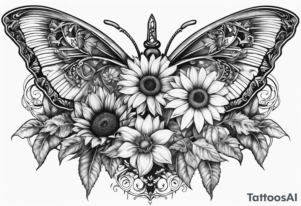Winged cross with sunflower and butterflies tattoo idea