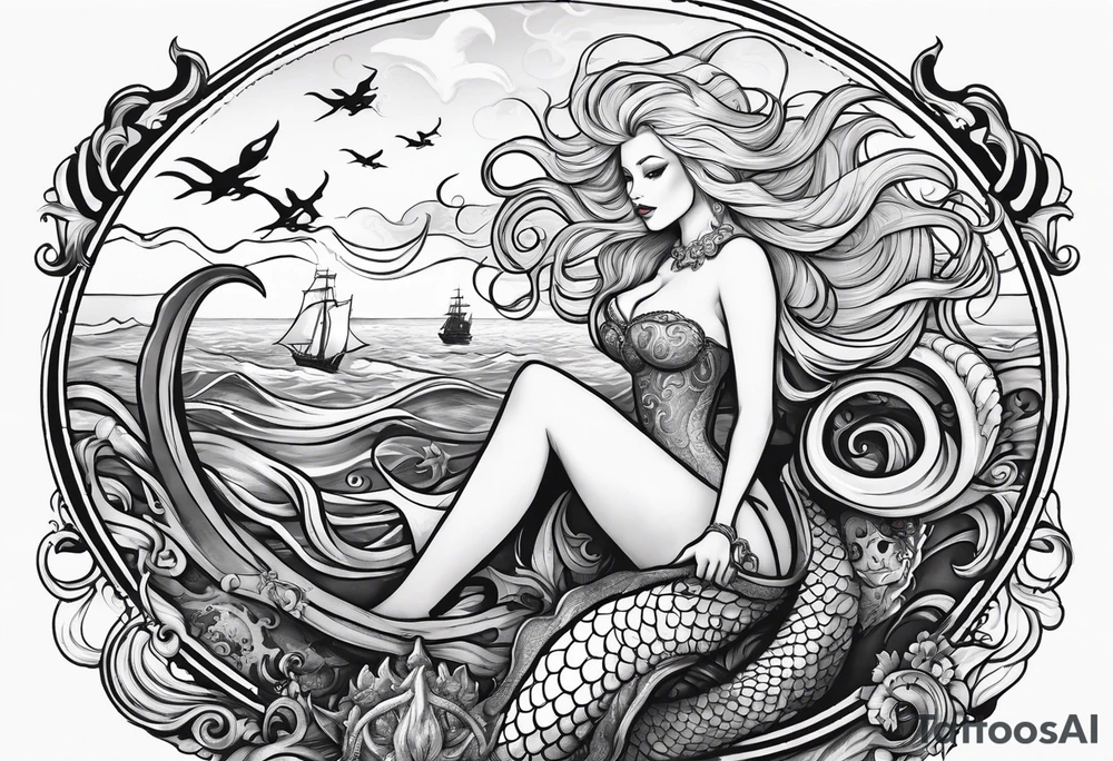 Beautiful blond mermaid with merman son riding a giant octopus with her dog in the ocean with a pirate ship in the distance tattoo idea