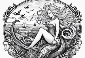 Beautiful blond mermaid with merman son riding a giant octopus with her dog in the ocean with a pirate ship in the distance tattoo idea