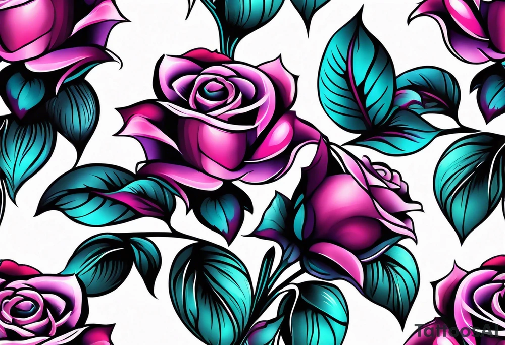 Vertical Pink and purple roses with teal leaves tattoo idea