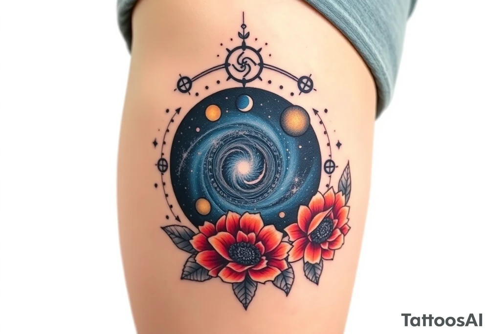 Milky way galaxy with planets with zodiac symbols and protection runes with red roses and sunflowers tattoo idea