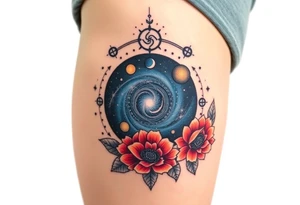 Milky way galaxy with planets with zodiac symbols and protection runes with red roses and sunflowers tattoo idea