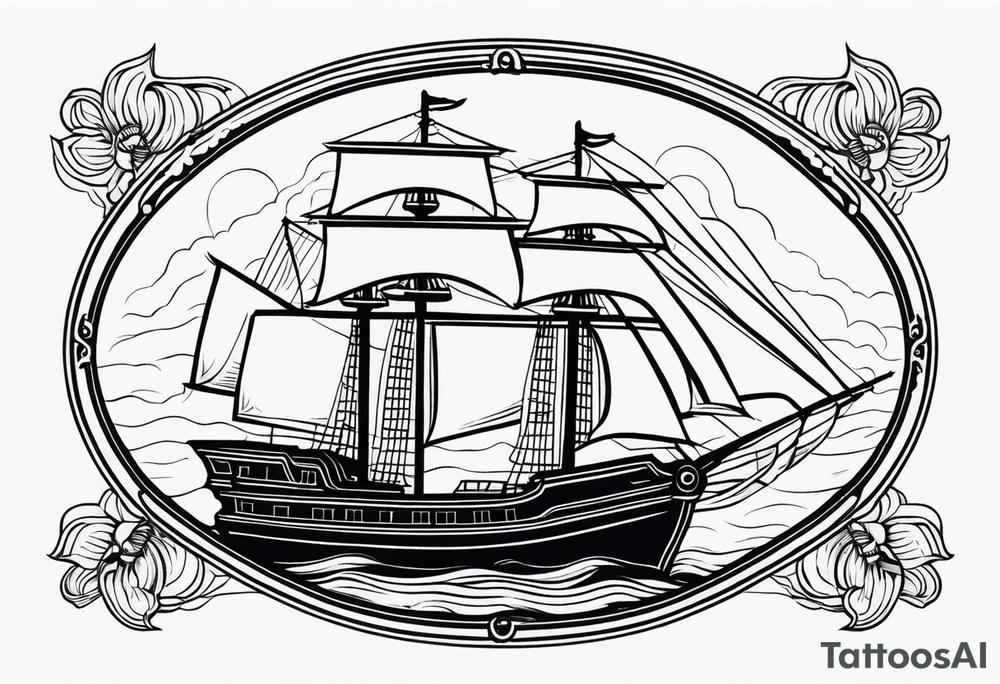 american traditional ship. oval border long wise, tattoo idea