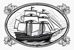 american traditional ship. oval border long wise, tattoo idea