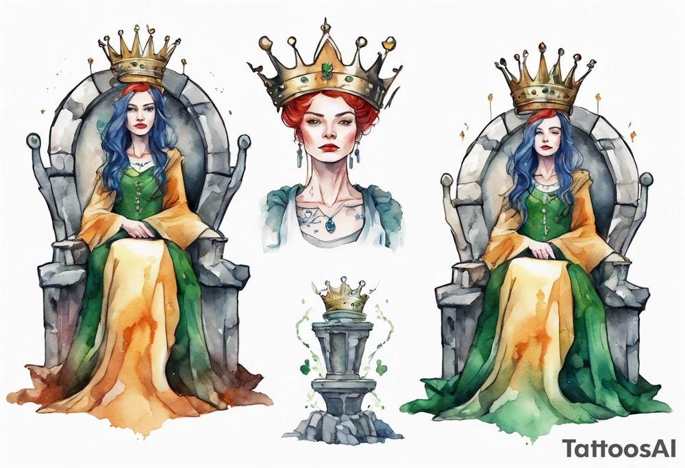 an Irish queen wearing a simple iron crown sitting on a stone throne tattoo idea