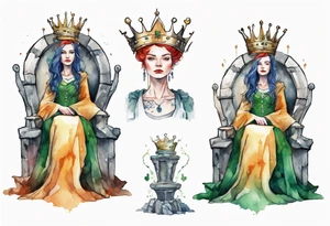an Irish queen wearing a simple iron crown sitting on a stone throne tattoo idea