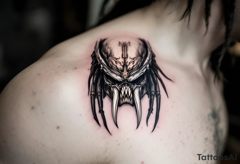 Tracker Predator – A bestial, primal version of the Predator from Predators (2010), featuring deep brown and gray reptilian skin, minimal armor, and three mechanical, tusk-like mandibles on its mask. Uses a hunting beast instead of technology. tattoo idea