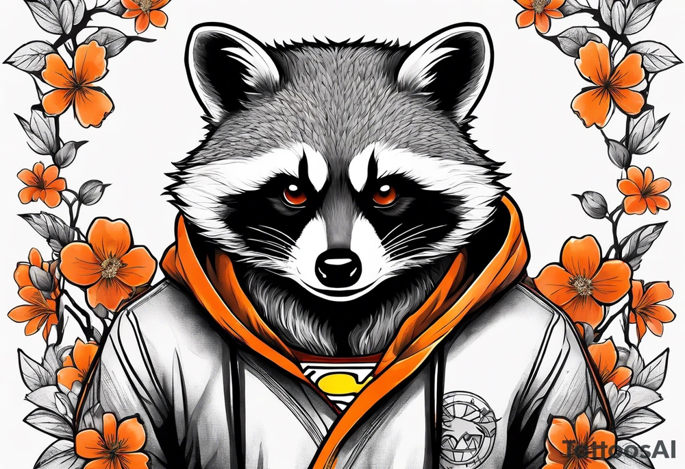raccoon wearing a black and white Superman hoodie and orange Japanese cherry blossoms tattoo idea