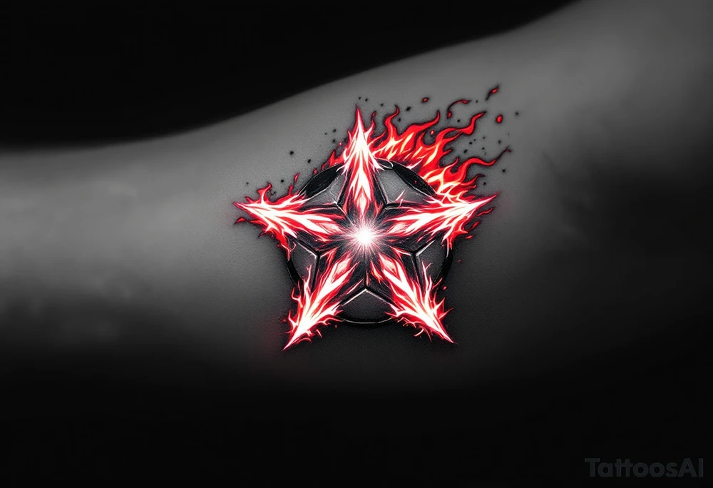 A grayscale soccer ball on fire with red flames that shape the Slavia star. tattoo idea