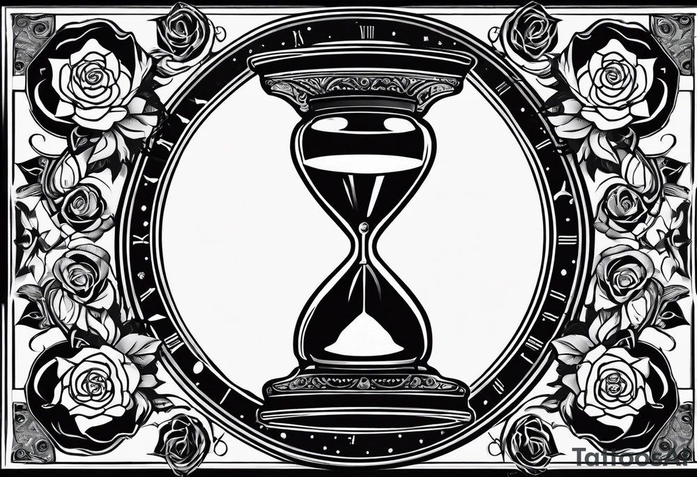 I want a design to print on t-shirts. The design is an hourglass with a wristwatch in the middle with Amazigh numbers, and this watch is surrounded by planets and Ashulk roses. tattoo idea