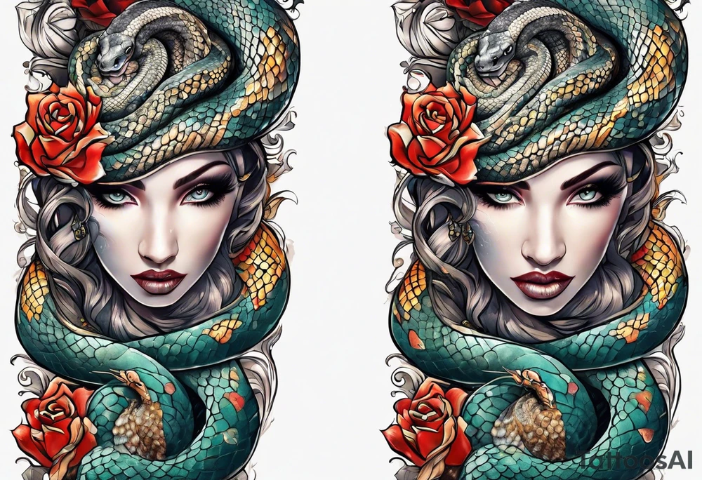 Arm sleeve with a snake with 3 heads tattoo idea
