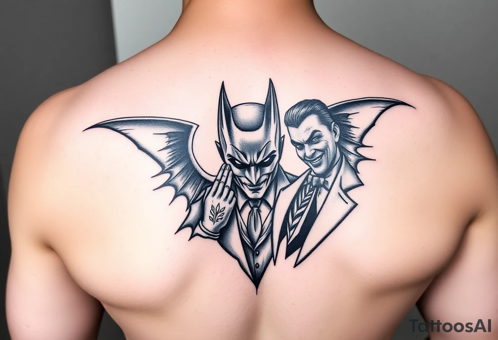 Batman and joker in Gotham with bat signal top center tattoo idea