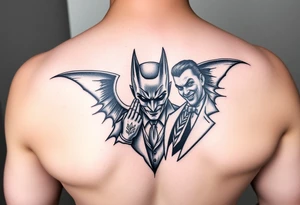 Batman and joker in Gotham with bat signal top center tattoo idea