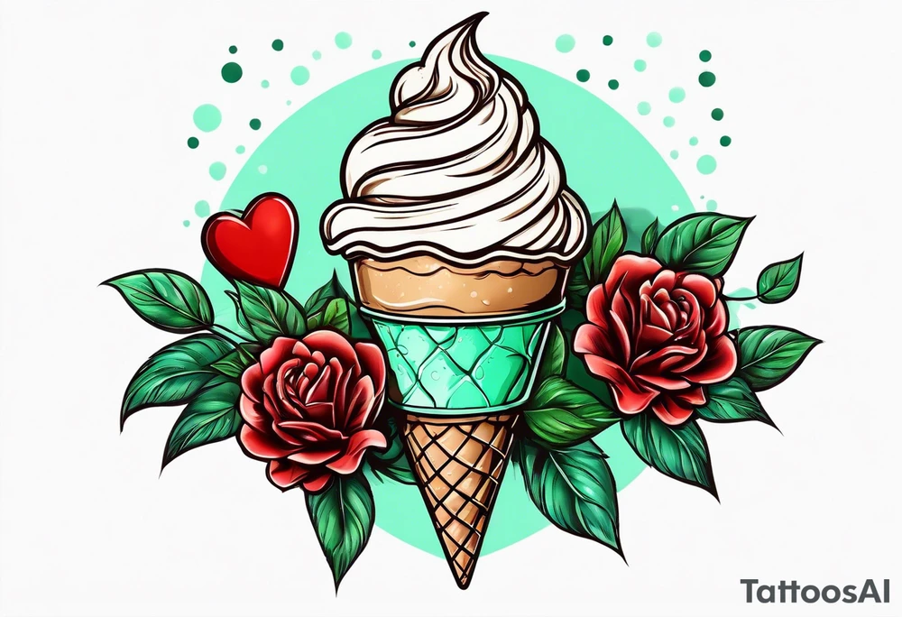 mint chocolate chip ice cream cone with small red heart on it somewhere. tattoo idea
