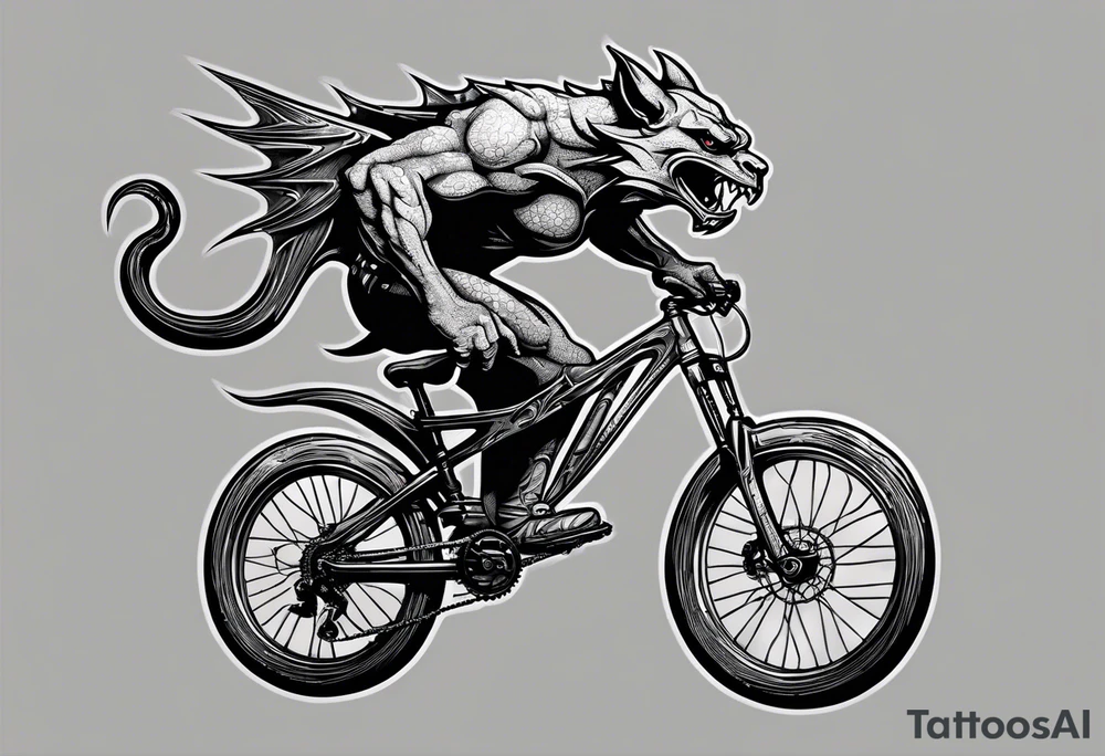 gargoyle riding a full suspension mountain bike with a shadow no background tattoo idea