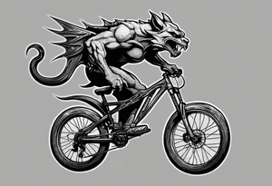 gargoyle riding a full suspension mountain bike with a shadow no background tattoo idea