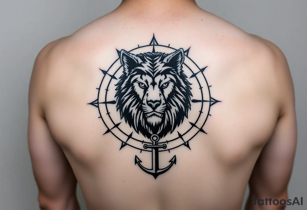 1/3wolf 1/3bear 1/3 lion surrounded by a compass with a small anchor on bottom. for sleeve tattoo idea
