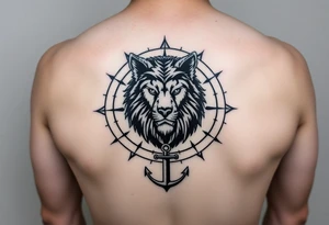 1/3wolf 1/3bear 1/3 lion surrounded by a compass with a small anchor on bottom. for sleeve tattoo idea