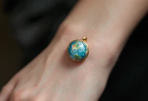 A tiny Earth in subtle sky blue and seafoam green is encased in a thin gold ring like a pendant. tattoo idea