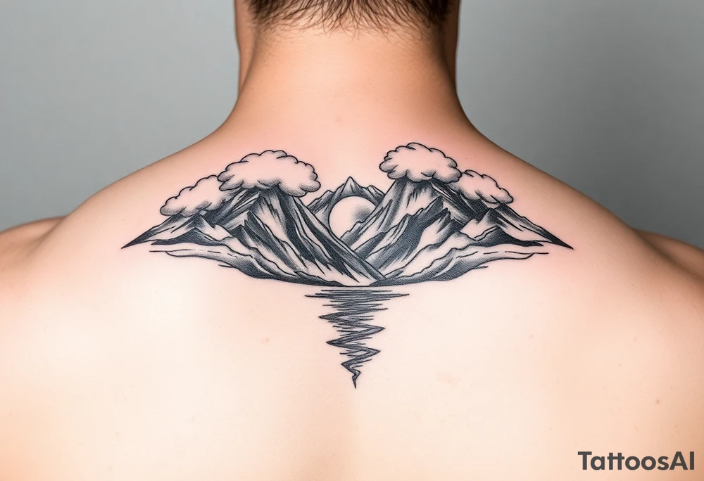 Clouds with mountains and water in Colorado majestic realistic tattoo idea