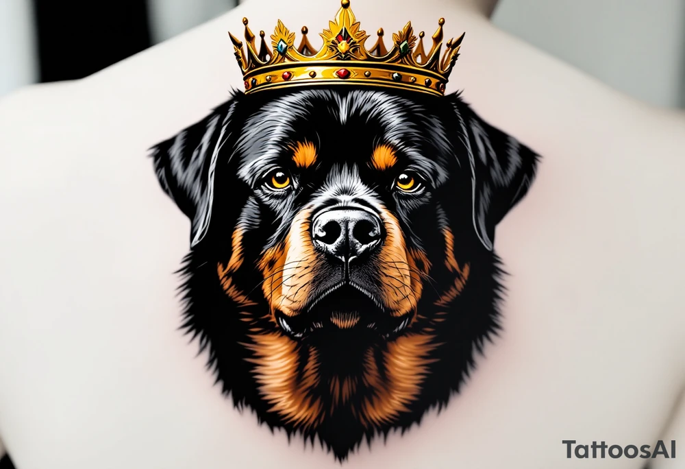 Rottweiler with Crown – A proud black and tan Rottweiler wearing a worn gold crown, symbolizing loyalty and strength. Hyper-realistic fur texture with warm amber eye details. tattoo idea