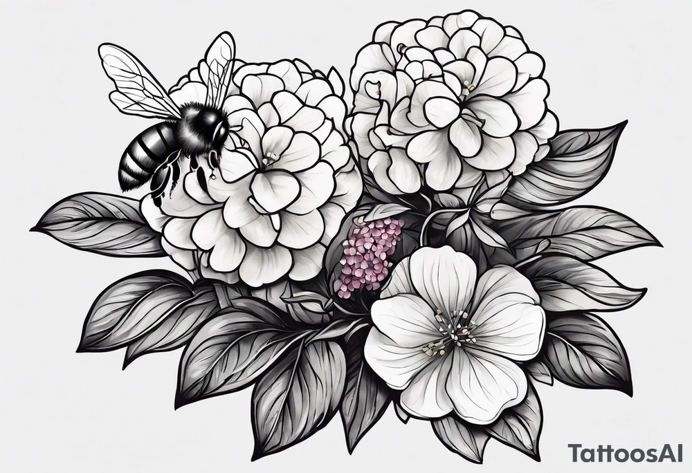 Small tattoo. There’s a hydrangea and a bee but they are not touching. Make the bee smaller than the hydrangea and have the bee off to the side. tattoo idea
