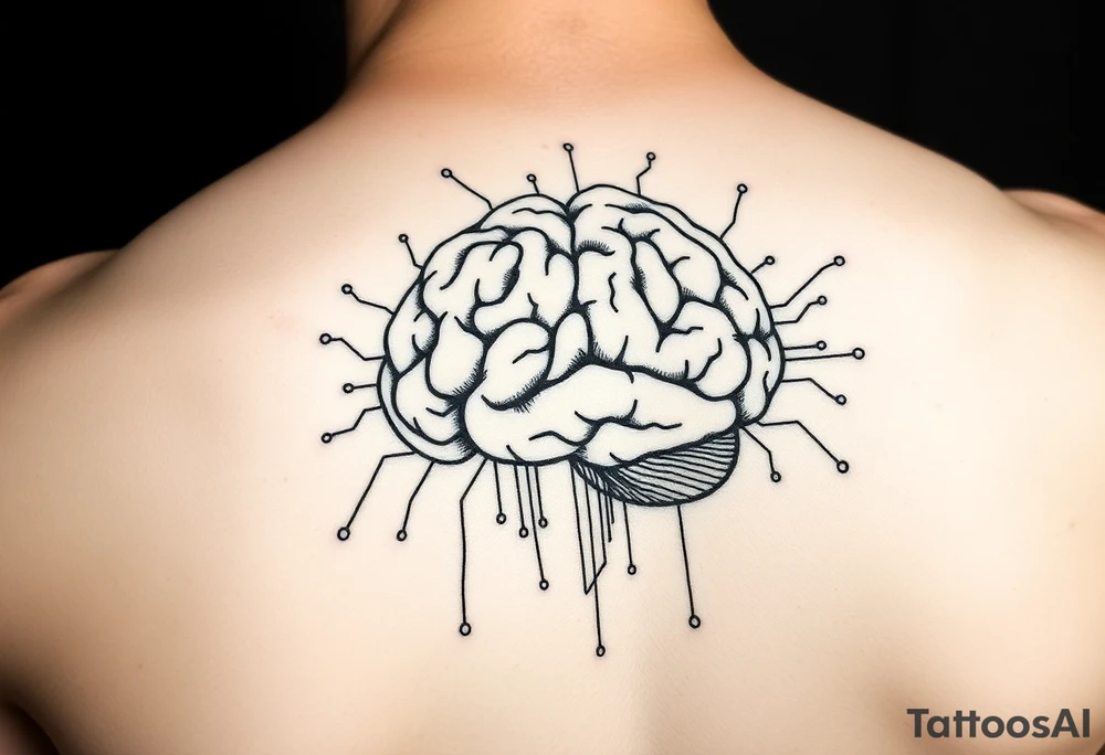 Elegant line art of a human brain connected to circuit lines, symbolizing programming and logic tattoo idea