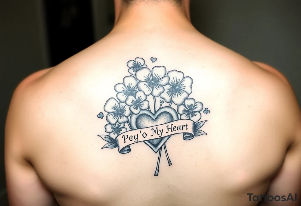 Bunch of Shamrock with a heart and a banner that says " Peg 'o My Heart " tattoo idea