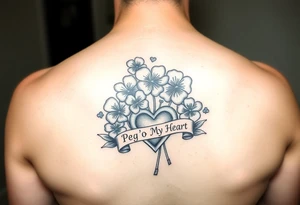 Bunch of Shamrock with a heart and a banner that says " Peg 'o My Heart " tattoo idea