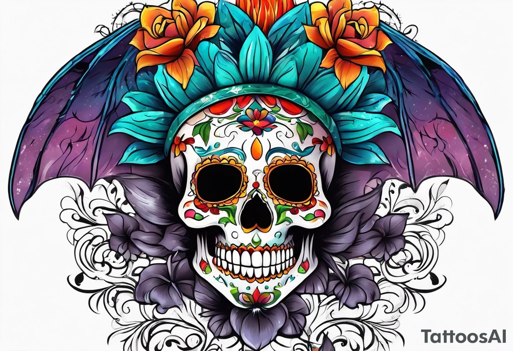 Colorful Mexican skull with bats and water tattoo idea