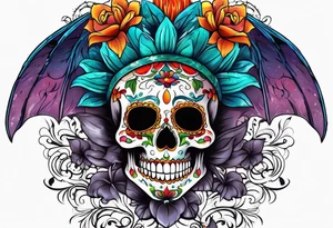 Colorful Mexican skull with bats and water tattoo idea