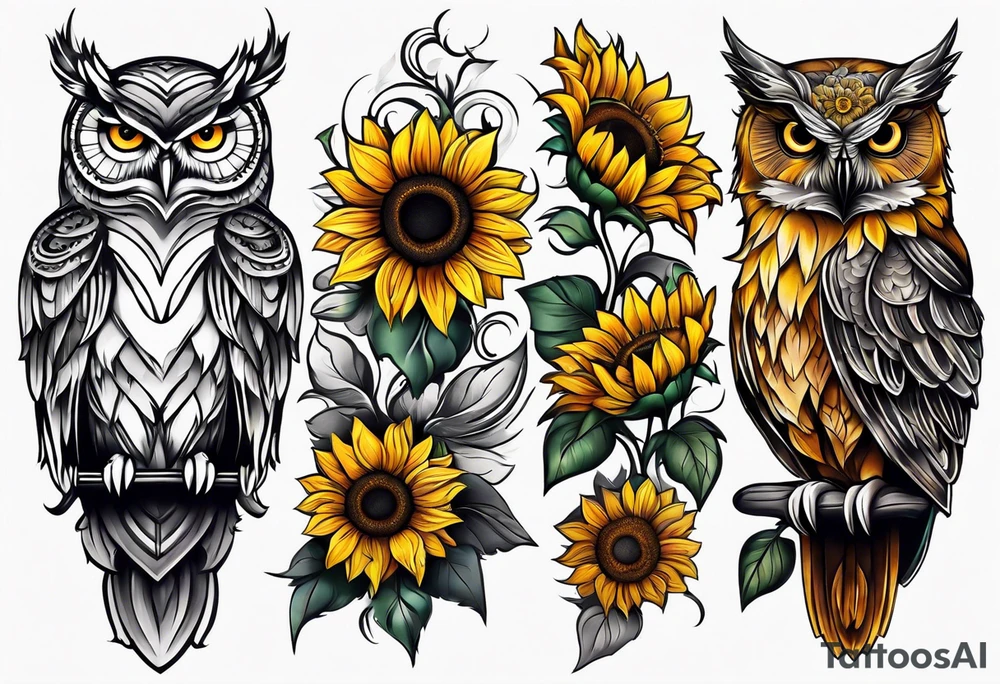 Owl with sunflowers leg sleeve tattoo idea