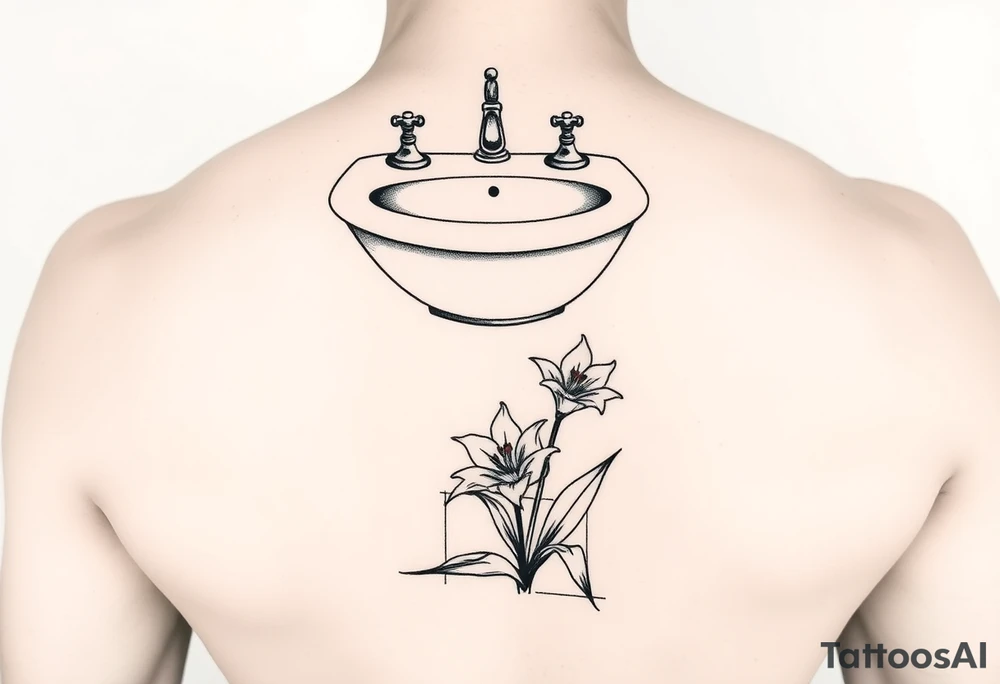 bathroom sink on tile floor with lily coming up out of the floor tattoo idea