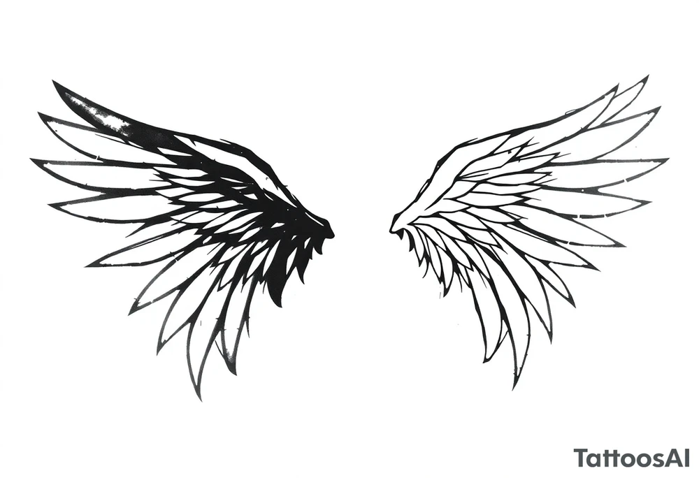 This tattoo design features a pair of asymmetrical angel wings drawn in black ink with a rough, sketch-like style. The left wing is darker, more defined, and appears denser, while the right wing is lighter, more delicate, and fragmented, creating a contrast between the two. The feathers are sharp and irregular, with fine lines and stray strokes extending outward, adding a raw and artistic feel. The overall look is dynamic and slightly chaotic, giving the impression of movement or an unfinished, ethereal form. This design symbolizes duality, freedom, transformation, or even struggle, making it a meaningful and visually striking tattoo. tattoo idea