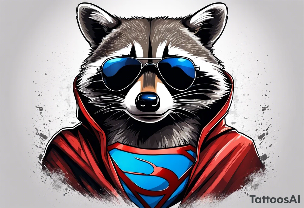 raccoon wearing a Superman hoodie tattoo idea