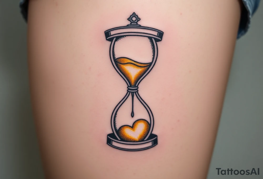 An hourglass with golden sand forming a heart at the bottom, symbolizing the preciousness of time spent together. tattoo idea