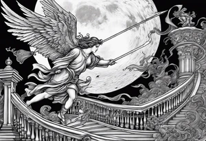 angel fighting a demon w a staircase going up to a moon in the background tattoo idea