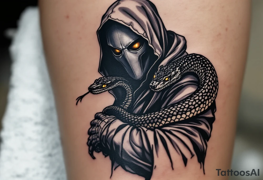 Plague Doctor with a Snake – A dark-robed doctor with a silver-gray mask, with a black viper wrapped around their arm, symbolizing healing and poison. The snake's eyes glow deep amber, adding a mystical touch. tattoo idea