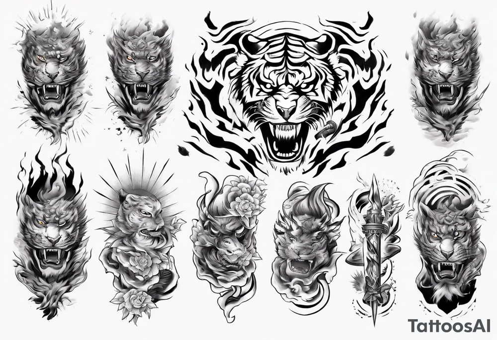 tiger warrior with lightning and the sun for a forearm sleeve tattoo idea