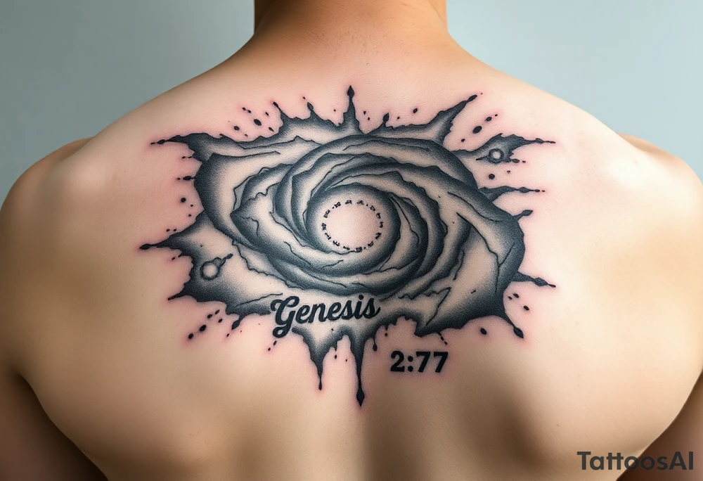 3d galaxy coming out of skin with genesis 2:7 written tattoo idea