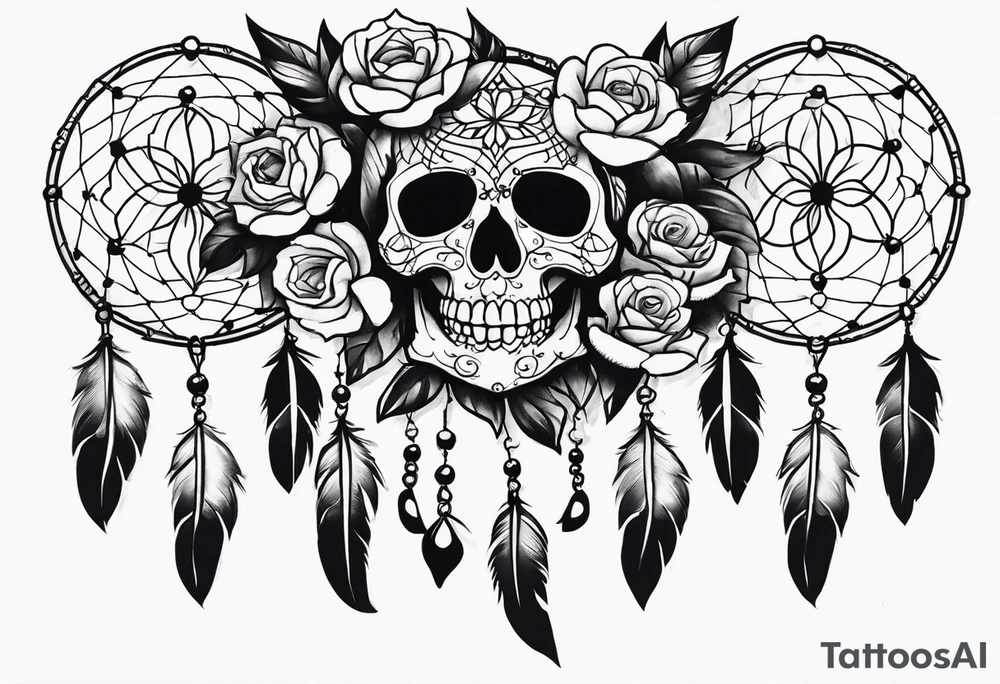 Dream catcher with multiple skulls with black flowers tattoo idea Dream catcher with multiple skulls with black flowers tattoo idea