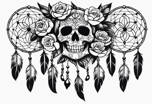 Dream catcher with multiple skulls with black flowers tattoo idea
